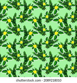 Vector - winter plants with fir and   holly berries seamless pattern.