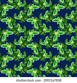 Vector - winter plants with fir and   holly berries seamless pattern.