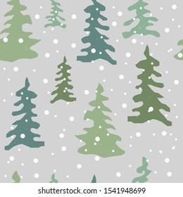Vector winter postcard for Christmas and Happy New Year pattern with fir tree and snow, grey background