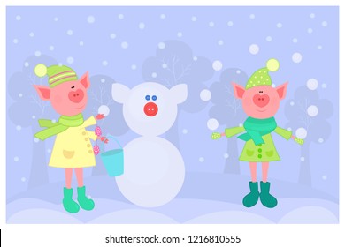 Vector winter postcard with two cute cartoon piglets dressed in coats, mittens, scarfs, boots and caps, playing snowballs and making a snowman. Pig is a symbol of New Year 2019 in Chinese horoscope.