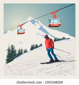 Vector winter poster, background. Advanced skier slides down the mountain. Red ski Lift Gondolas moving in Snow Mountains.