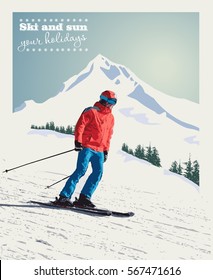 Vector winter poster, background. Advanced skier slides down the mountain