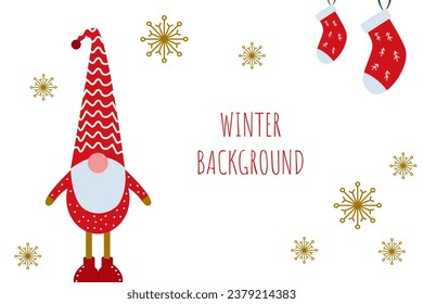 Afiche vectorial de invierno con copos de nieve, gnomo y calcetín. Cartel minimalista, afiche. Temporada de invierno. Fondo blanco aislado. 
