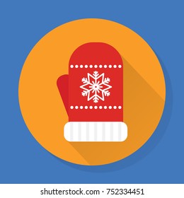 Vector winter red glove with white snowflake in flat style