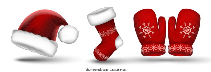 Vector winter red hat, gloves and sock.