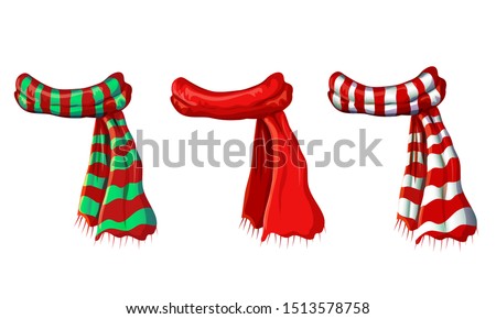 vector winter red scarf collection isolated on white background. illustration of red, green white striped scarves. christmas or holiday wool muffler icon set - winter warming clothes in cartoon style.
