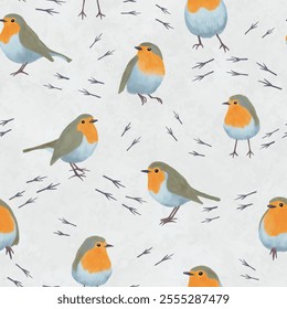 Vector Winter Robins in Snow background pattern print. Ideal for seasonal gifts and decorations. Perfect for fabric, wallpaper, wrapping, scrapbooking and stationery. Surface pattern design.