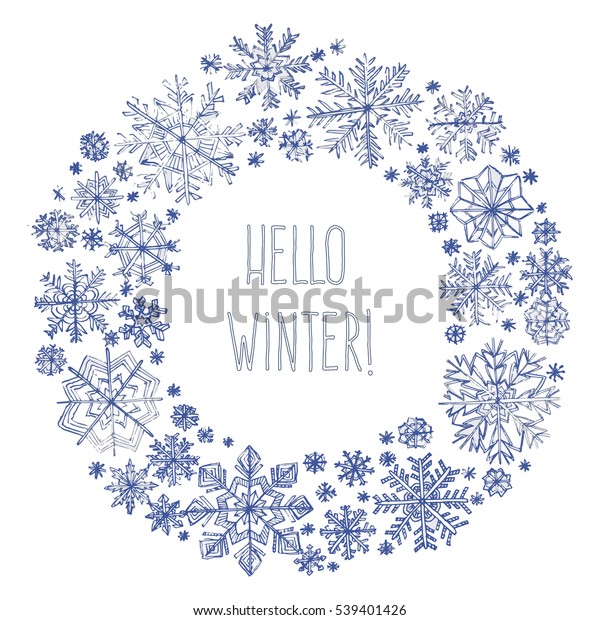 Vector Winter Round Frame Snowflakes Handdrawn Stock Vector (Royalty ...