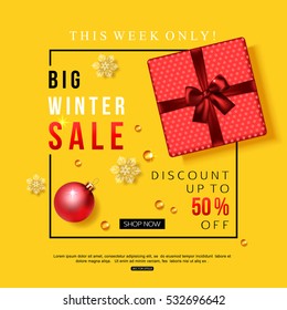 Vector Winter Sale Banner With Red Gift Box And Christmas Decoration. Top View.