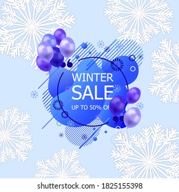 Vector Winter Sale Banner Template, Light Blue Background with Snowflakes, Paper Art Style, 3D Balloons and Talk Bubble, Abstract Background.