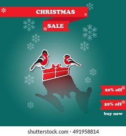 Vector  winter sale card. Include bullfinch, gift, snowflake and  words  Christmas Sale on dark background.  Template for your design.