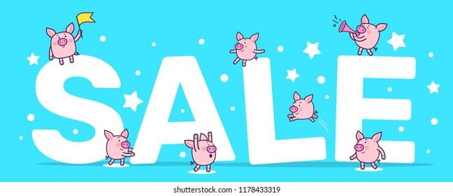 Vector winter sale illustration with a big white word, snowflake and cute cartoon many little pink pig. Hand drawn line art style word design with symbol of the new year 2019 for web, site, banner