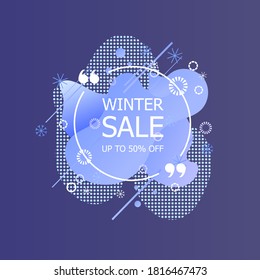 Vector Winter Sale Label Template, Offer, Discount Flyer, White Text, Liquid Abstract Shapes Background, Blue Colors.