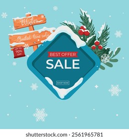 Vector winter sale label with wooden sign board covered with snow 70% off, leaves, mistletoe, snowflake, holly berries and fir branches. Sale banner template. Winter discount, special offer.