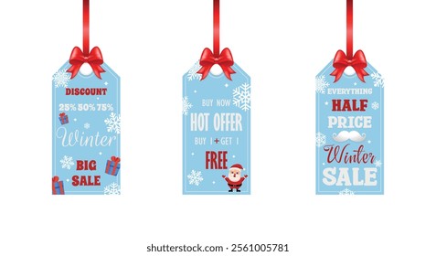 Vector winter  Sale labels with red bow, ribbon, snowflakes, stars and Santa. Winter discount, hot offer, big sale, half price labels set. Winter sale banner template