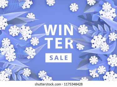 Vector winter sale poster background template with abstract fresh blue leaves and snowflakes with rectangle frame. New year, christmas holidays wallpaper, layout with seasonal florals and icy snow.