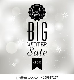 Vector winter sale poster with glittery lights silver abstract Christmas background.