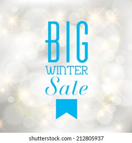 Vector winter sale poster with glittery lights silver abstract Christmas background.