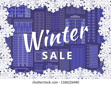 Vector winter sale poster on urban cityscape background with blue buildings in snow frozen frame. Christmas, new year holiday poster background template for advertising design.