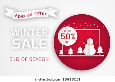 vector winter sale poster template. Smiling Snow man in scarf and hat, snowflakes - winter symbols and packaging Decorated flyer. Illustration on blue background. Banner advertising design