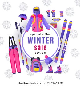 vector winter sale poster template. Winter active outdoor sport elements - mountain ski with sticks, boots, goggles and outdoor sport clothing. Decorated flyer banner Illustration on white background.