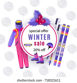 vector winter sale poster template. Winter active outdoor sport elements - mountain ski with sticks, boots, goggles and outdoor sport clothing. Decorated flyer banner Illustration on white background.