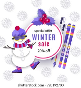 vector winter sale poster template. Winter active sport symbols - Snowman in mountain ski boots goggles and ski with sticks. Decorated flyer Illustration on white background. Banner advertising design