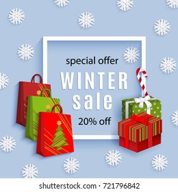 vector winter sale poster template. Present boxes, snowflakes lollipop candy - winter christmas symbols Decorated flyer. Illustration on blue background. Banner advertising design