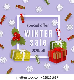 vector winter sale poster template. Present boxes, snowflakes lollipop candy, spruce branch - winter christmas symbols Decorated flyer. Illustration on blue background. Banner advertising design