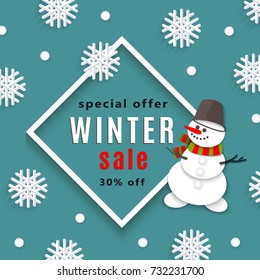 vector winter sale poster template. Smiling Snow man in scarf and bucket, snowflakes - winter symbols Decorated flyer. Illustration on blue background. Banner advertising design