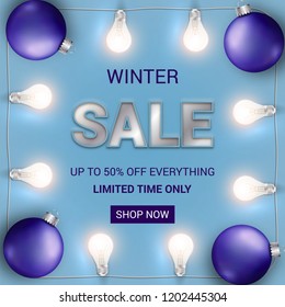 Vector winter sale web banner. Bluebackground with glowing white lights garland and Christmas bulb. Sale