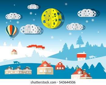 Vector Winter Scene. Abstract Paper Cut Flat Design Nature Landscape.