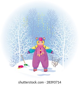 Vector . Winter scene. A child plays