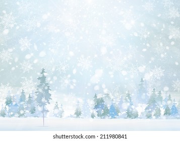 Vector winter scene with forest background.