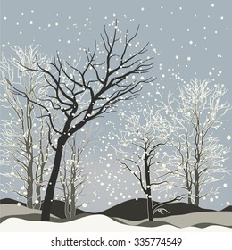 Vector of winter scene with forest background, fantasy winter landscape winter scene with snowflakes. For Christmas cards and book cover design with wind