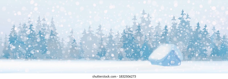 Vector  winter scene with forest and house. Winter  snowy landscape.