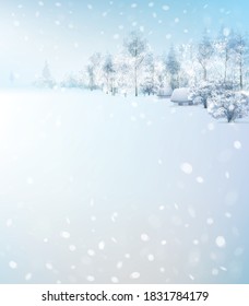 Vector  winter scene with forest and houses. Winter landscape.