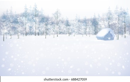 Vector winter scene with house in forest. 