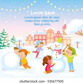 Vector winter scene with kids children making building snowman in snowy park, forest during snowfall with city landscape on background.