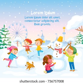 Vector winter scene with kids children making building snowman and skating on frozen pond lake in snowy park, forest during snowfall with amusement park, theme park on background.