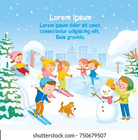 Vector winter scene with kids children making building snowman,skating on frozen pond,skiing riding on down hill and sliding down hill on tubes in snowy park,forest during snowfall with city landscape