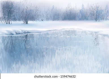 Vector of winter scene with river and forest background.