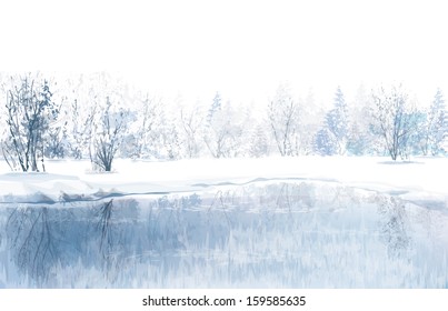 Vector Of Winter Scene With River And Forest Background.