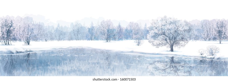 Vector Of Winter Scene With River And Forest Background Isolated On White. 