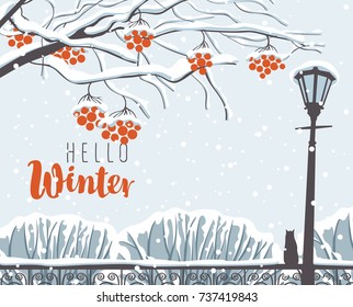 Vector winter scene at the snow-covered park with calligraphic inscription Happy Winter, with branches of a rowan tree, a street lamp and a cat on the fence in the snow