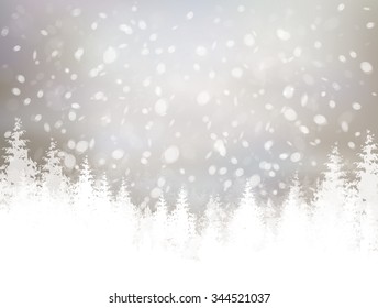 Vector winter scene with snowfall and forest background. 