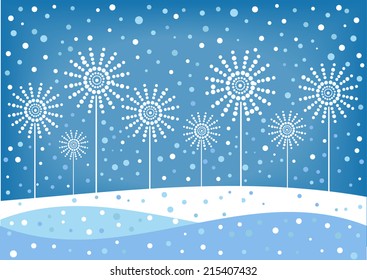 vector winter scene with white flowers silhouettes and falling snow