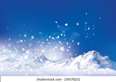 Vector of winter scene, white snow, mountains and blue sky.