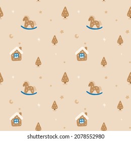 Vector winter seamles pattern with house and toy horse Hand drawing. Hand drawing New Year.