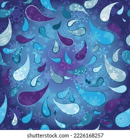 Vector winter seamless blue pattern with snowflakes and stars and paisley on a gradient background